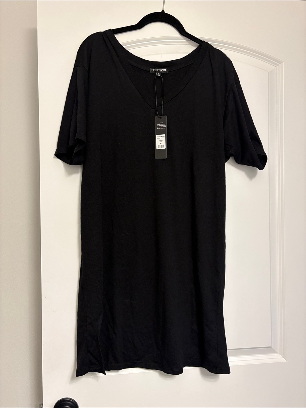 Fashion Nova Black V-Neck Short Sleeve tee shirt Dress